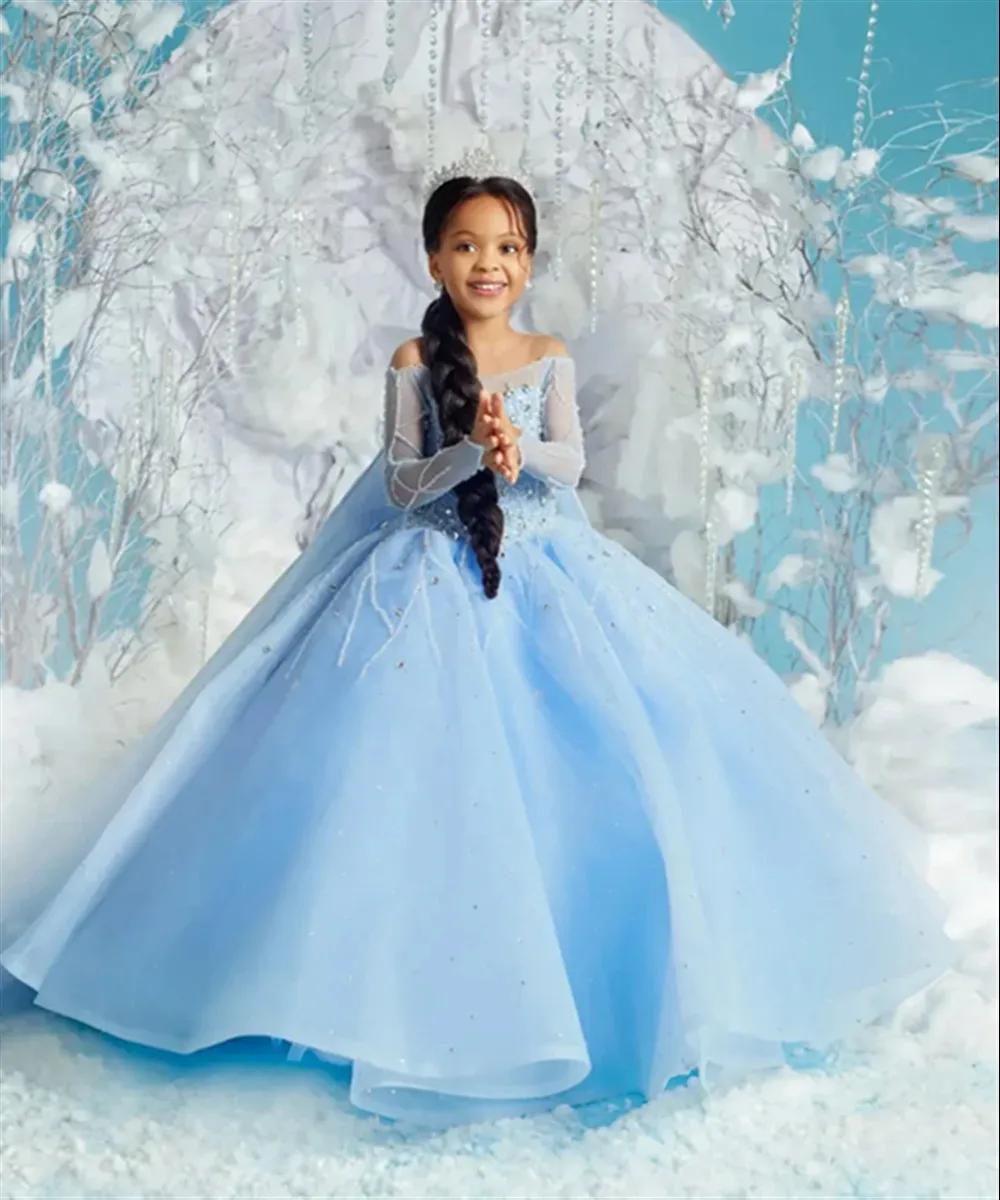 

Customized Luxury Sky Blue Flower Girl Wedding Dress Appliques Sequined Off Shoulder Princess Kids Birthday Party Prom Gown