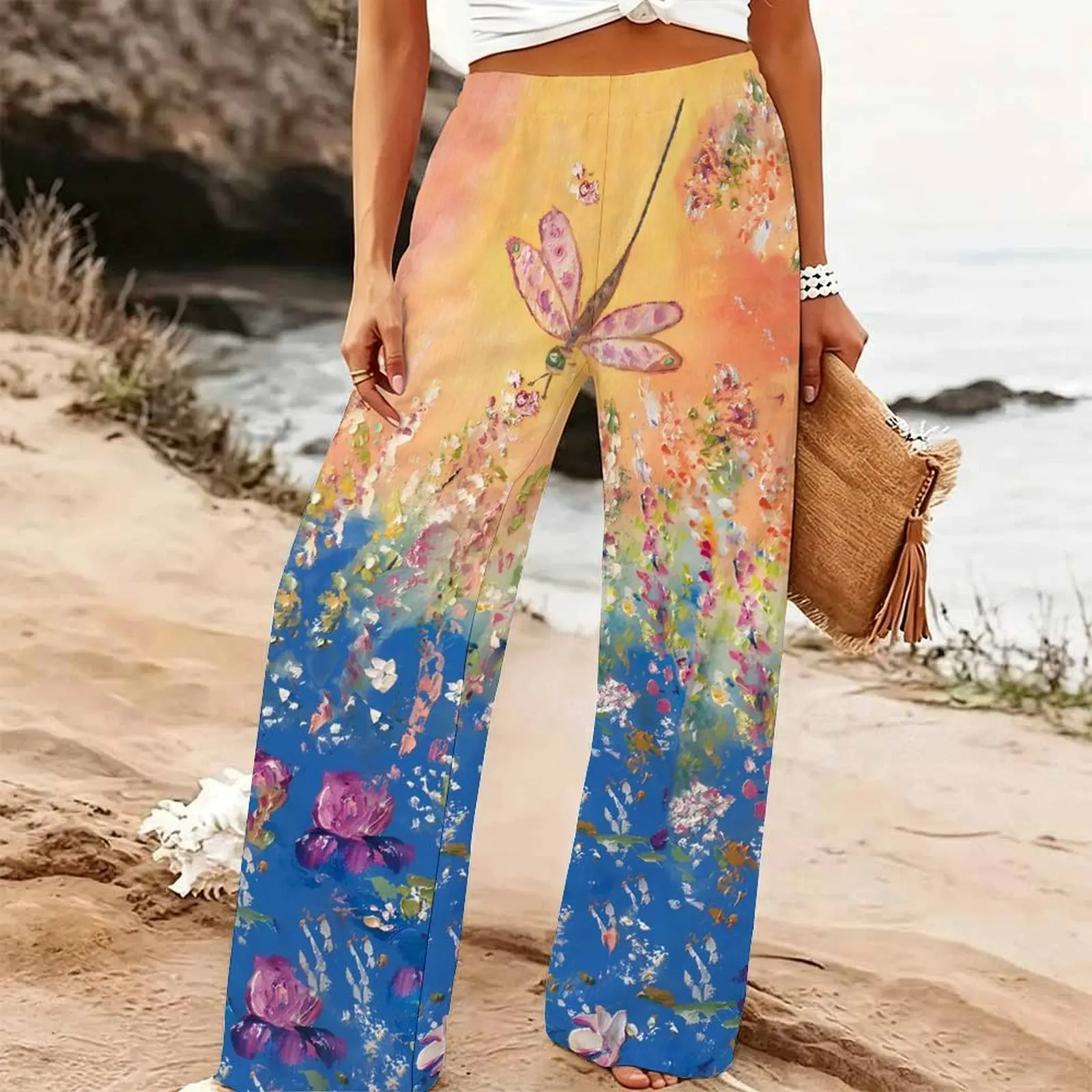 Women's Summer Beach Wide Leg Trousers Floral Print Elastic High Waist Loose Fit Casual Vacation Palazzo Pants