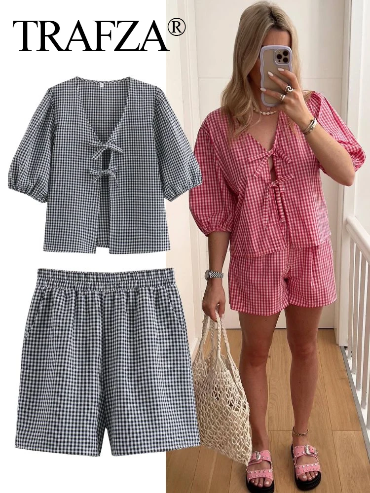 TRAFZA 2024 Women Casual Bow Plaid Shirt Shorts Suit Female Lace Up Short Sleeve Shirt+Elastic Waist Loose Shorts Streetwear Set