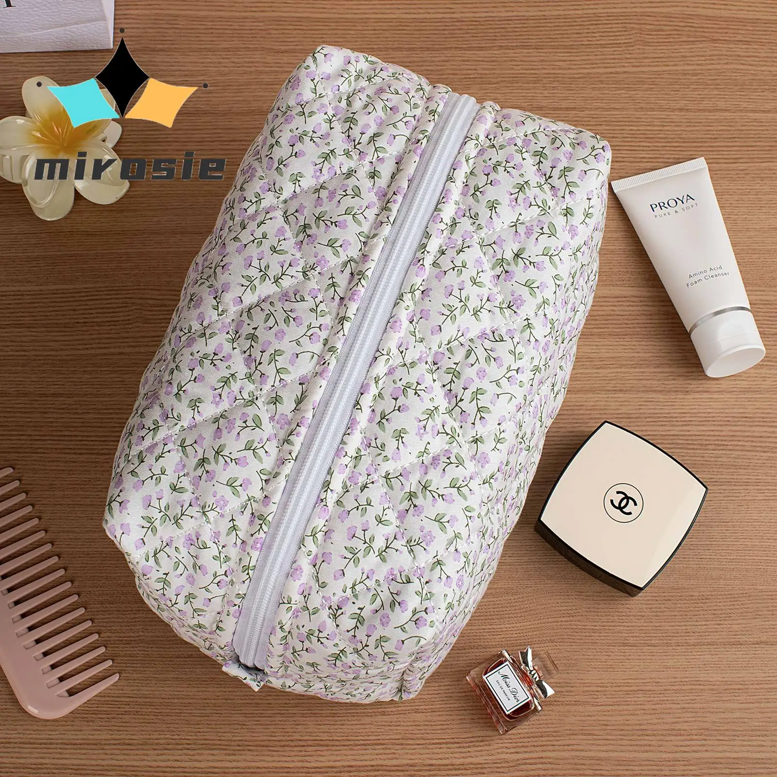 MIROSIE-Purple Floral Makeup Bag with Zipper, Portable Travel Skincare Storage Pouch for Women, Makeup Organizer Bag, Big Size