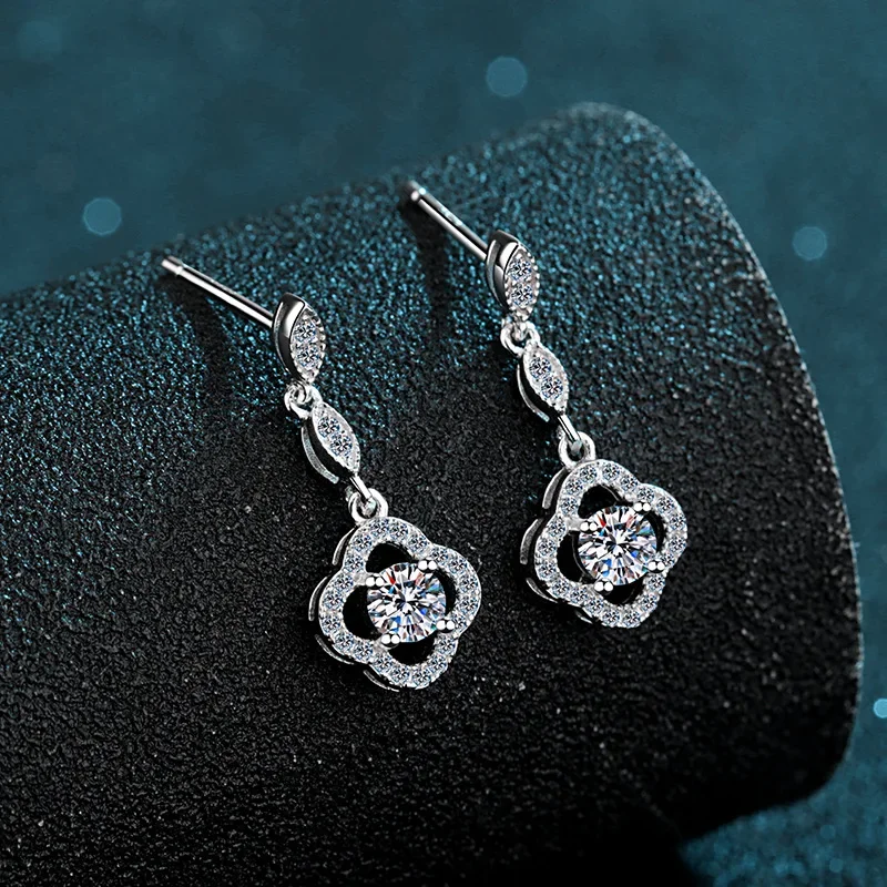 18K Gold Inlaid 60 Cent Moissanite Earrings, Clover Diamond Earrings, Multifunctional Model PT950 Platinum Earrings