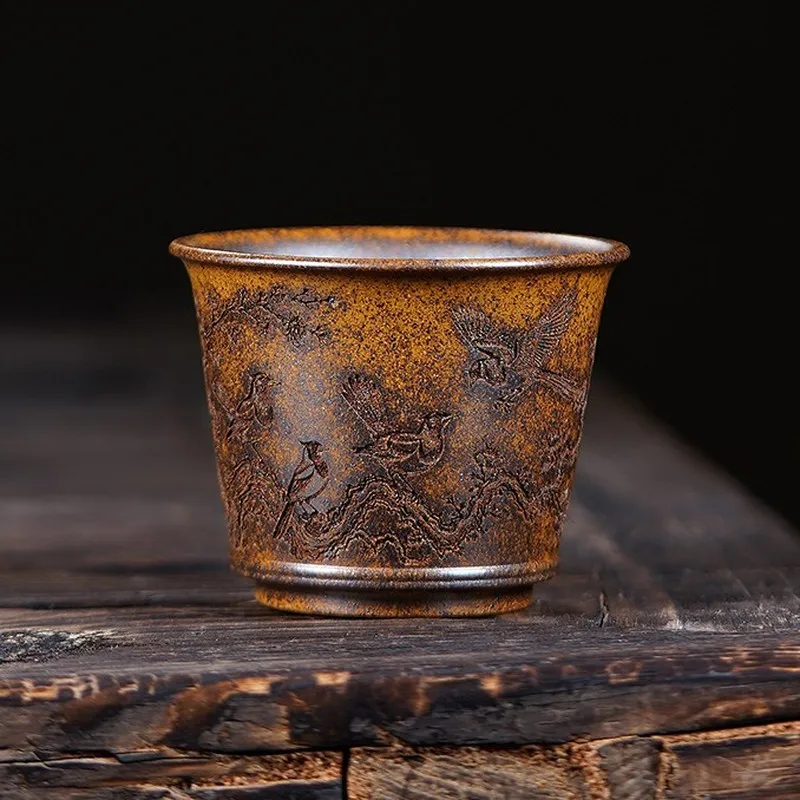 Handmade Yixing Master Cup Purple Clay Gongfu Tea Cup Bird & Blossom Design 135ml