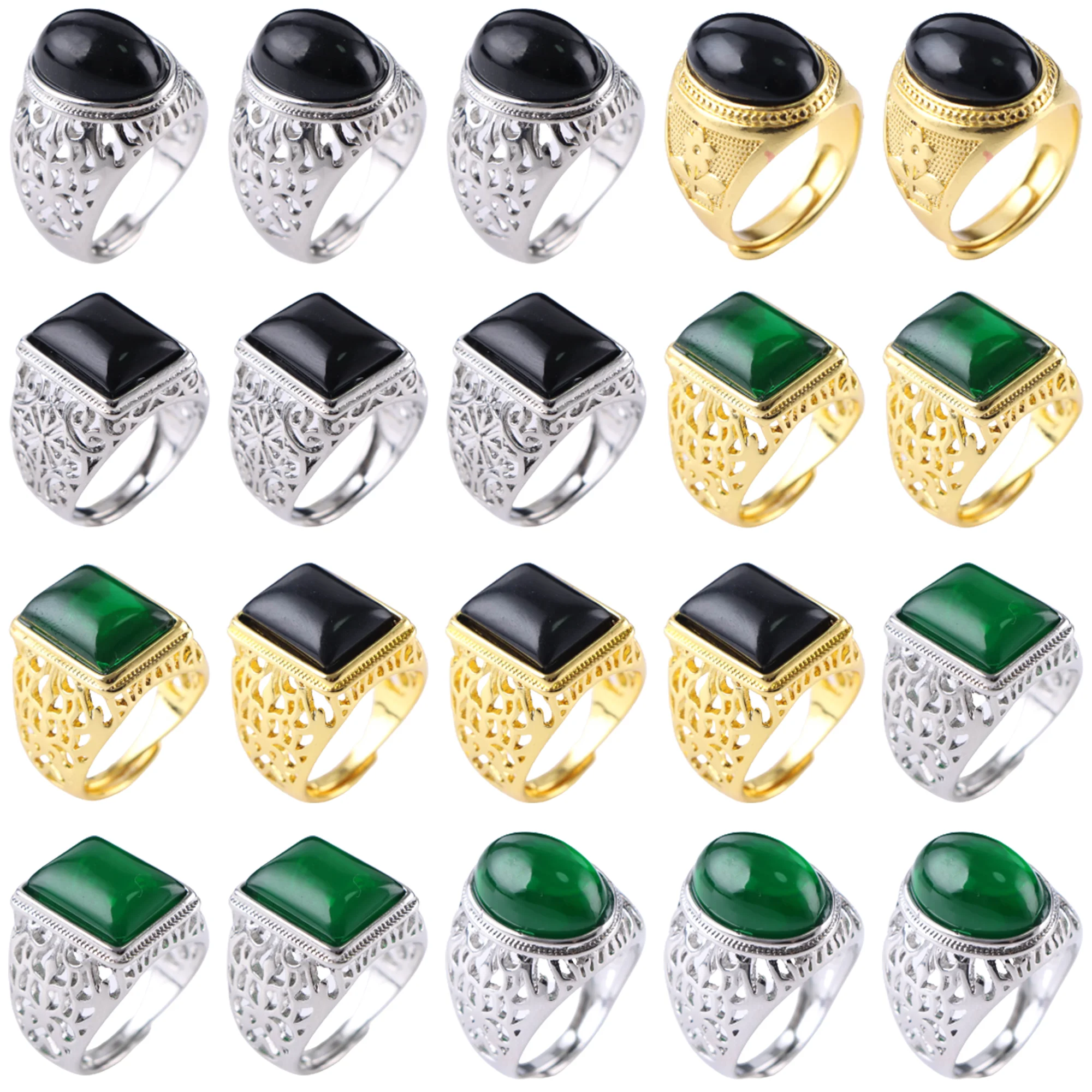 Wholesale 20Pcs/Lot Fashion Vintage Natural Stone Opening Ring For Women Men Retro Geometry Jewelry Party Gifts Mix Color