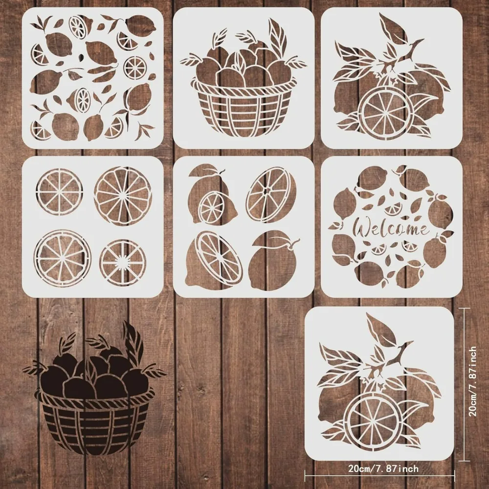 6pcs Summer Lemon Stencils, 7.9x7.9 inch Lemon Painting Stencils for Farmhouse, Lemon Manor Welcome Template for Painting on