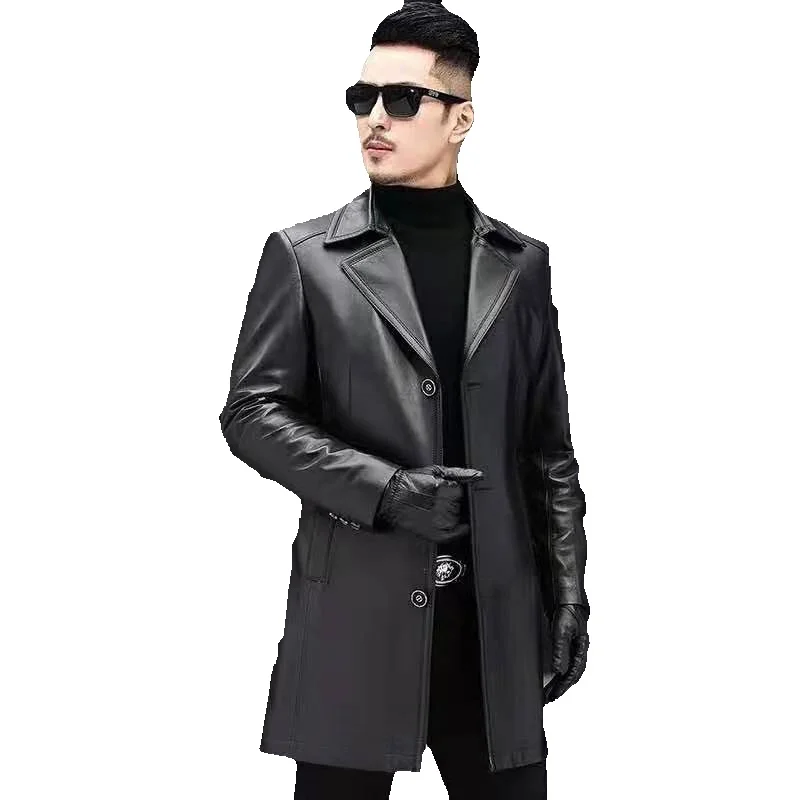 

Genuine Leather Jacket, Men's Sheepskin Jacket, Long Westernized Lapel Trench Coat, Thin Jacket