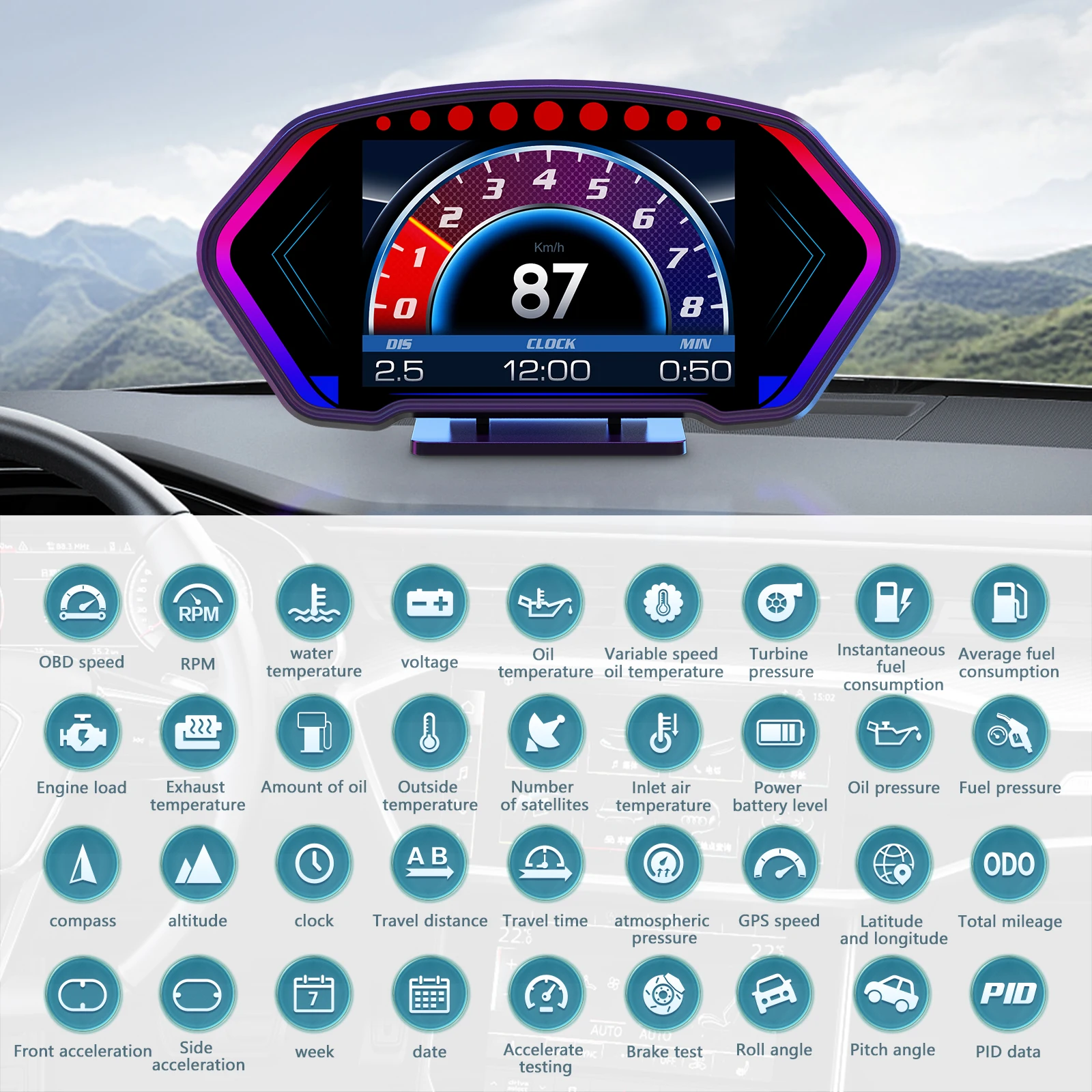 Ad 36 Functies Obd + Gps Hud Head Up Display Auto Gps Snelheidsmeter Helling Meter Toerenteller Water Temp Snelheid Alarm Elektronisch Onderdeel