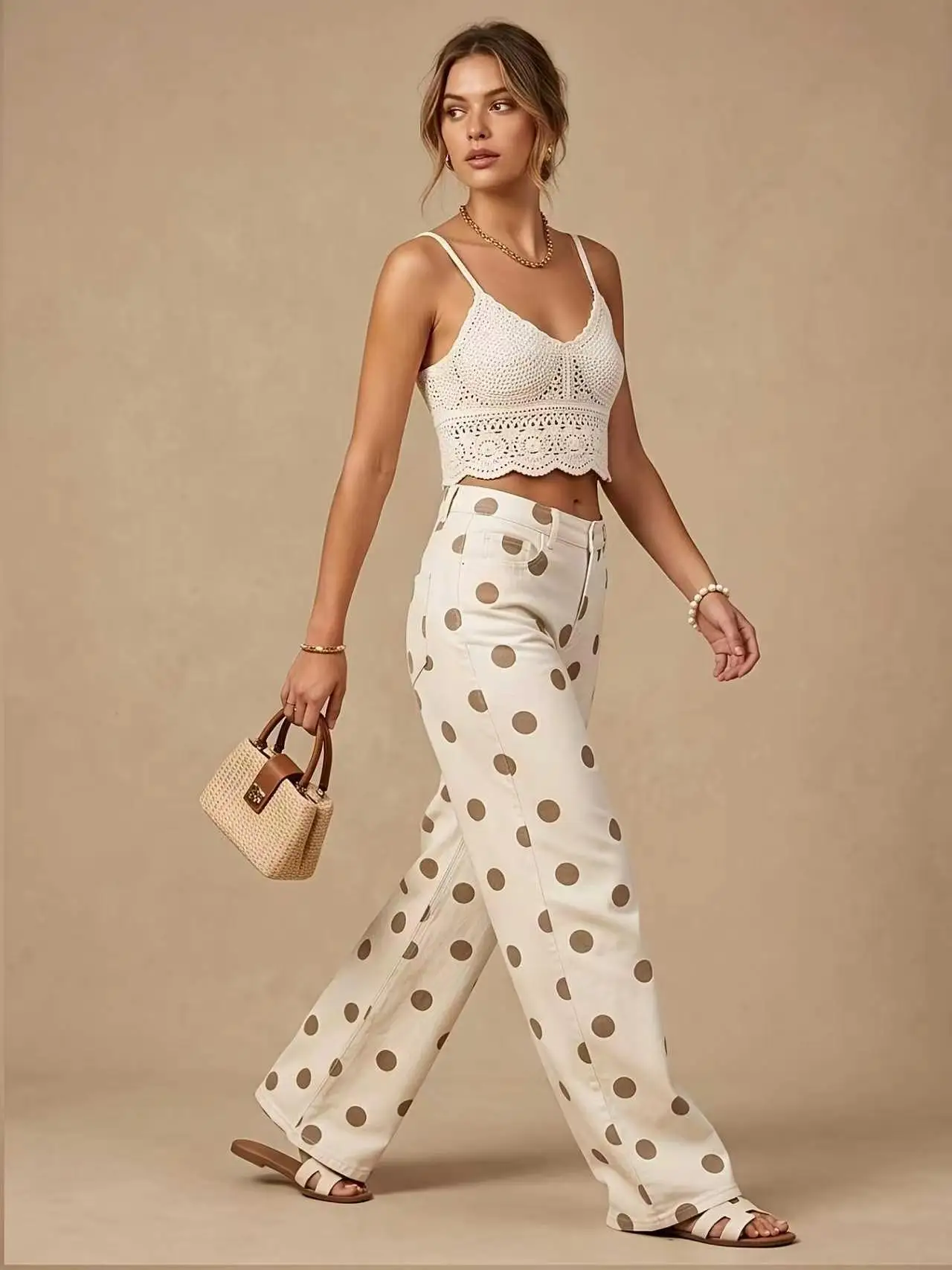 MsChuh Women's Pants And Trousers Polka Dot Wide Leg Jeans High Waist Pockets Loose Casual Fashion Holiday Daily Wear Bottoms