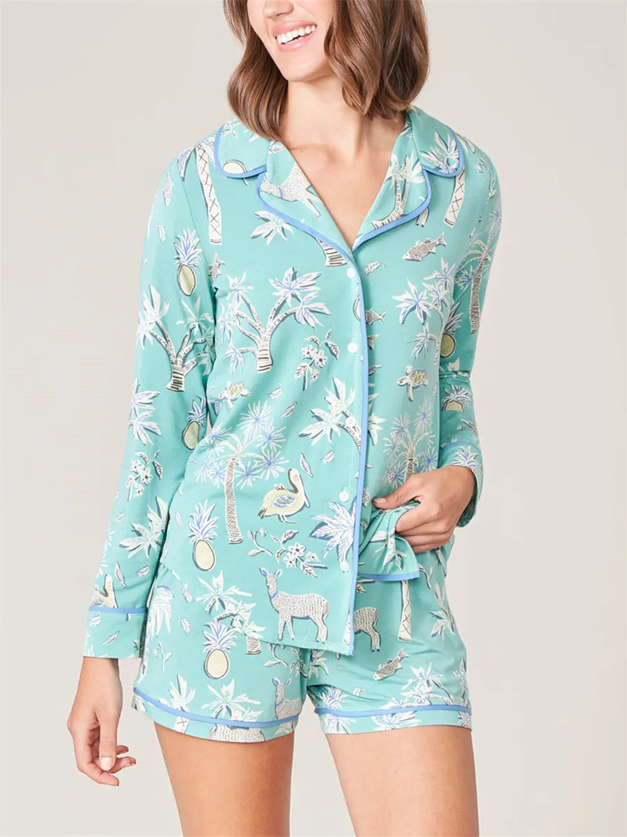 Women’s 2 Piece Pajama Sets Prints Summer Shorts Outfits Long Sleeve Lapel Button Up Tops+Drawstring Shorts Lounge Set Sleepwear