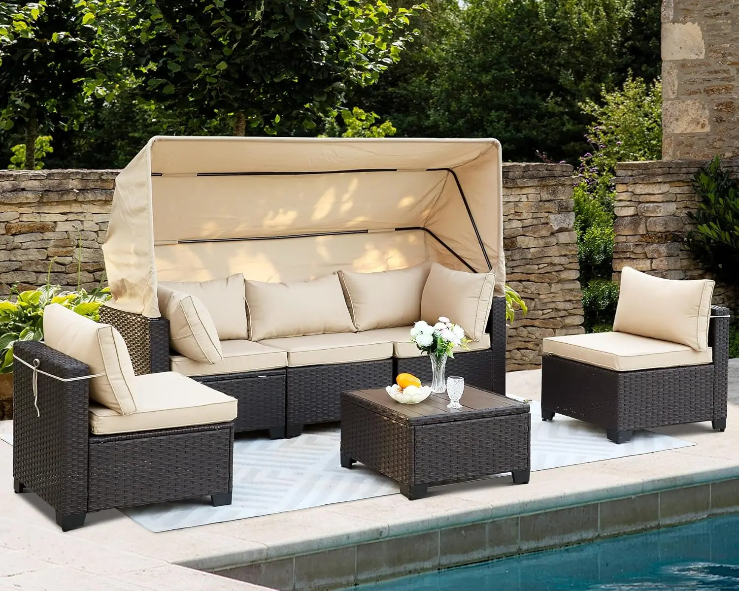 

6 Pieces Patio Furniture Set Outdoor Conversation Set Daybed with Retractable Canopy, Patio Sectional Rattan Sofa Set