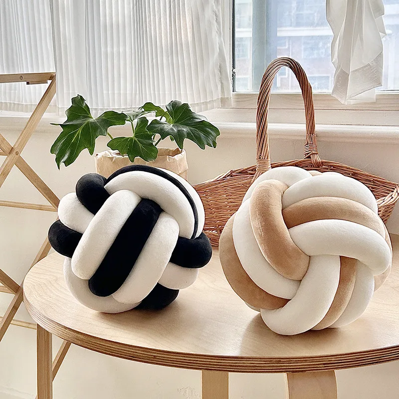 Handmade Dual-Tone Knotted Ball Pillow Soft & Fluffy Cushion for Home Decor Couch Chic Interior Design Elevate Home Aesthetics