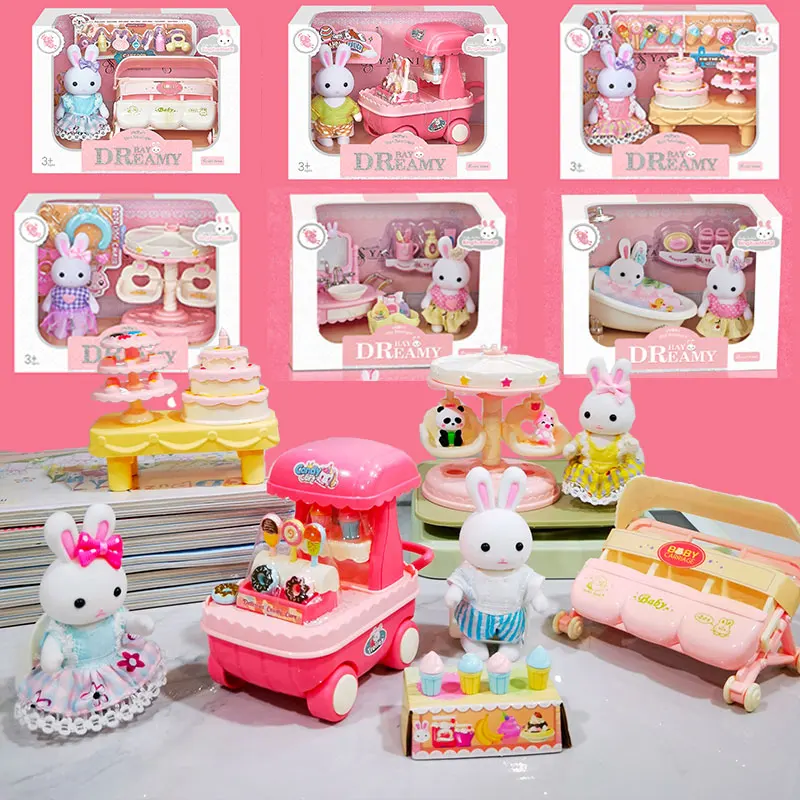 Little Rabbit Dresser Dollhouse Play Toys Birthday Party Simulation Furniture Dessert cart Indoor Parent-Child Interaction Gifts