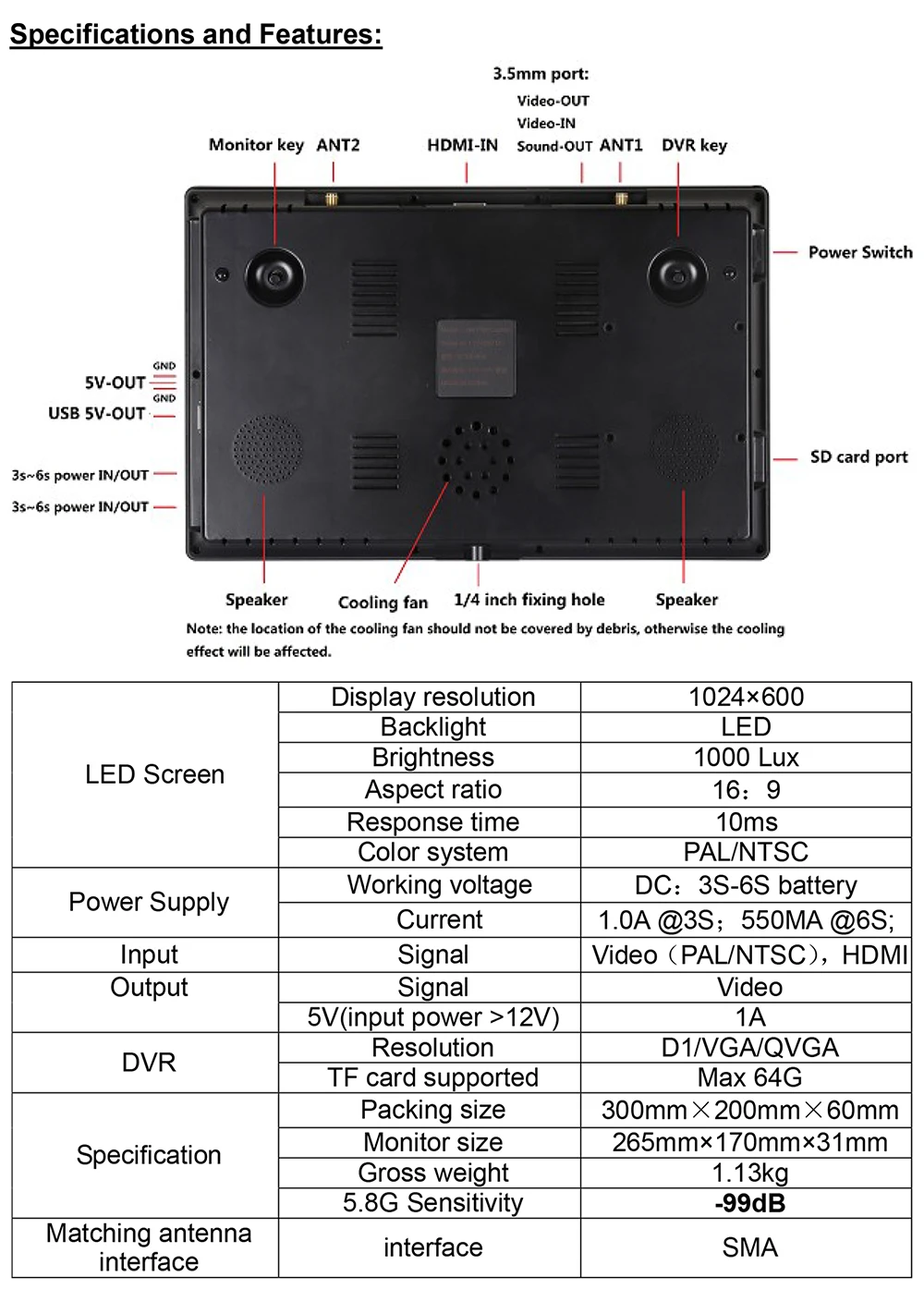 

Hawkeye Little Pilot Captain X FPV Monitor with DVR 5.8G 96CH 10.2 inch Dual Receivers 1024x600 LED 16:9 NTSC/PAL Auto Search
