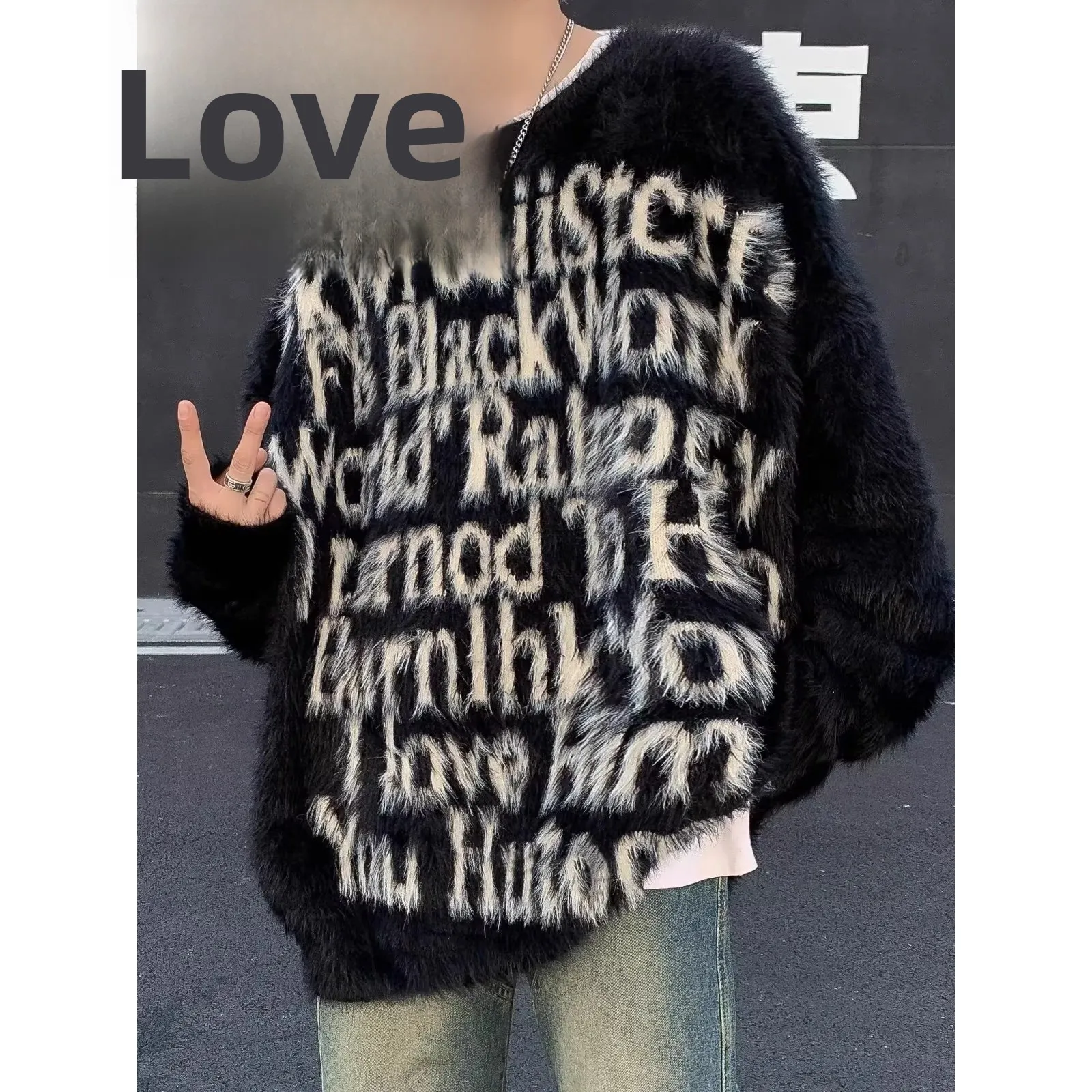 

Мужской свитер с воротником-стойкой из меха кролика, вязаный, зимний, в американском стиле хип-хоп, свободный, повседневный, верхняя одежда из полиэфирного волокна