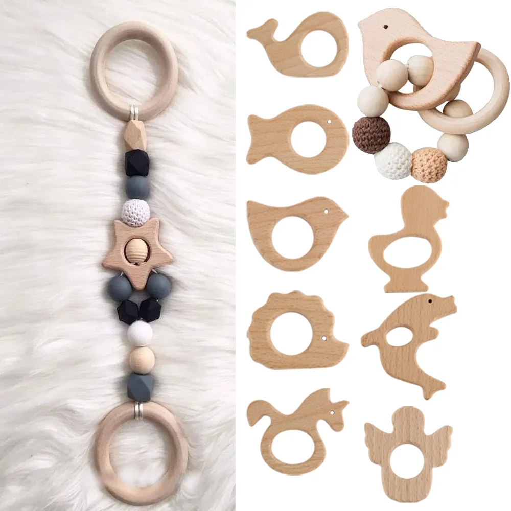 

3-9Pcs Beech Wooden Teether Natural Cartoon Shape teething toys toddler chew toys wooden rings for crafts teething rings
