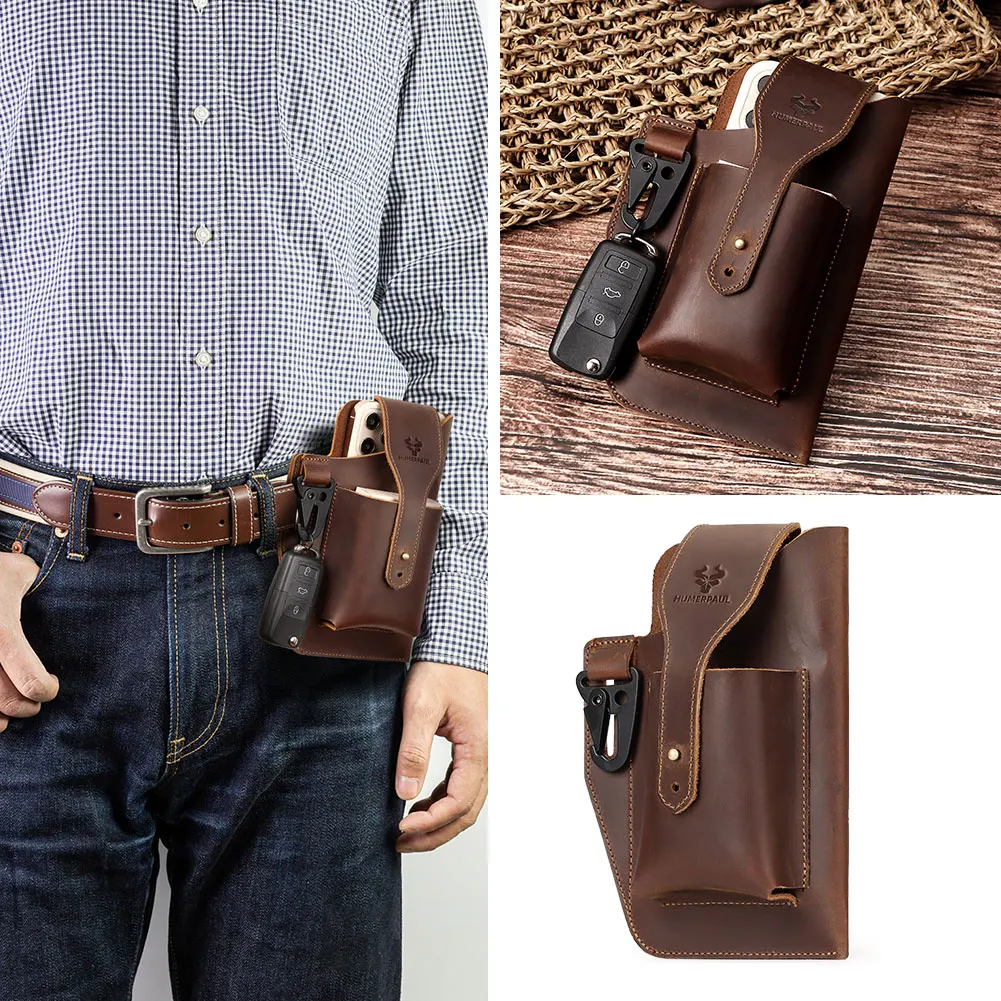 HUMERPAUL Men Vintage Leather Waist Bag for Mobile Phon Casual Carrying Cigarette Case Outdoor Belt Bag Male Small Loop Holster