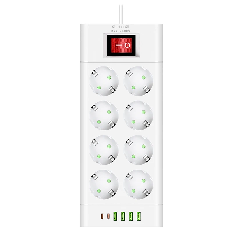 EU Plug Stekkerdoos DC Outlet Verlengsnoer 6/8/10 Stopcontact met 4 USB 2 Type-C Poorten Ondersteuning 2500 W Huishoudapparatuur