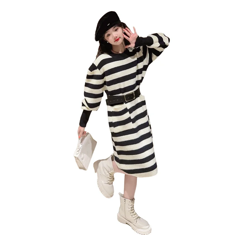 

New Fashion Kids Long Knitted Sweater Dress female Girl Striped Knitwear One-piece Dress With Belt Teens Child Casual Streetwear