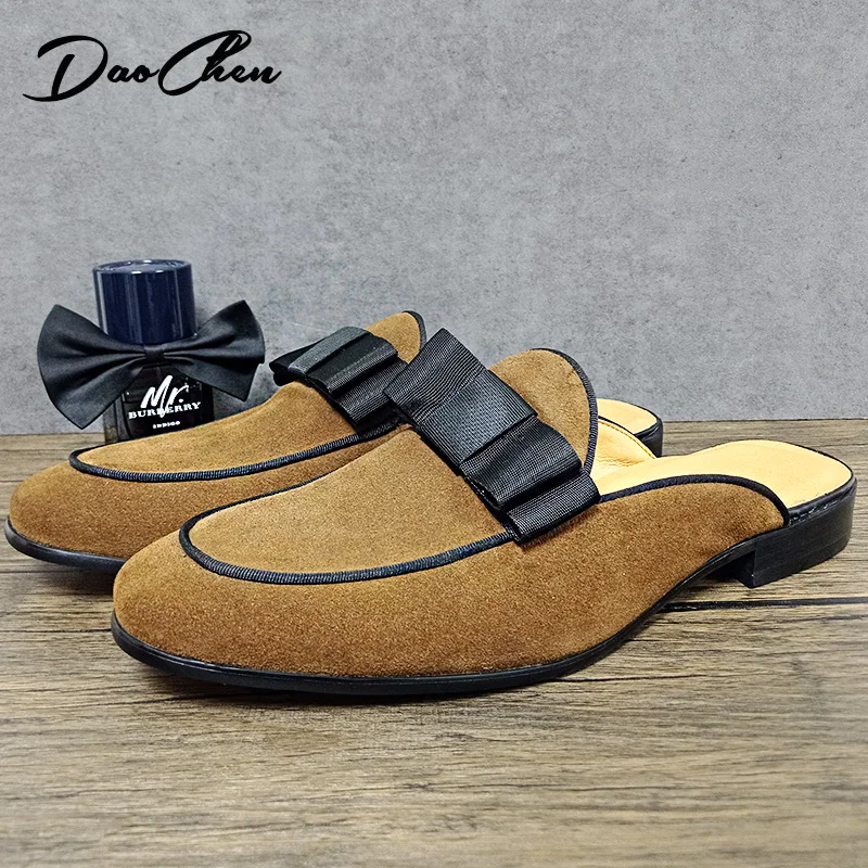 

MODEST LUXURY MEN'S MULES HALF SHOES BROWN GREEN BOWKNOT SUMMER CASUAL MENS DRESS SHOES BREATHABLE LEATHER SHOES FOR MEN