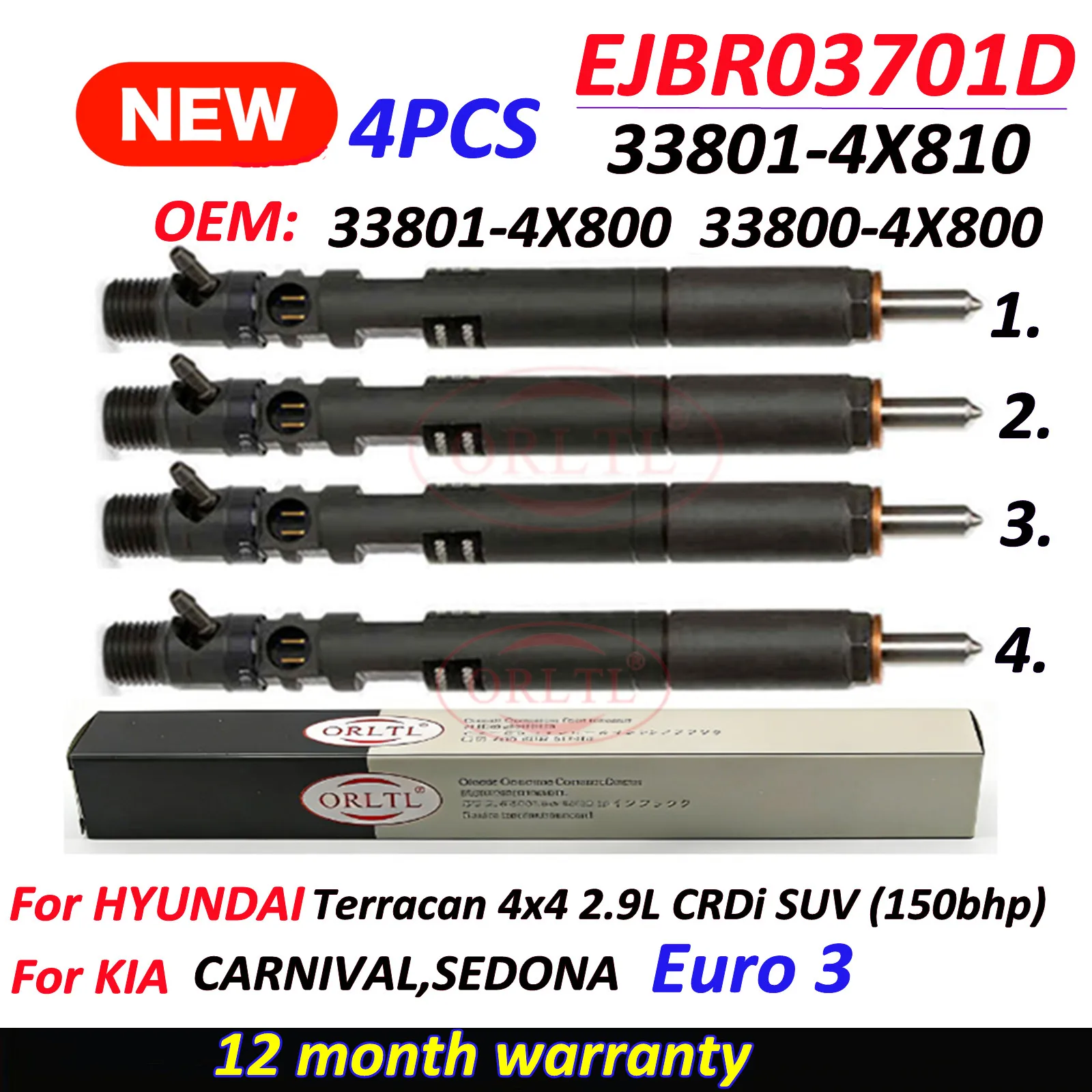 

4PCS EJBR03701D Diesel Fuel Injector For Delphi Hyundai Terracan KIA Carnival Sedona 2.9 CRDi 33800-4X800 33801-4X810