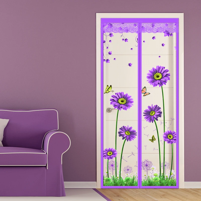 New silent mosquito proof door curtain with purple Dutch chrysanthemum printed mesh magnetic suction self-adhesive high-end part