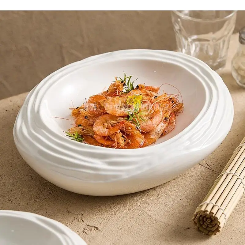 Ceramic Dinner Plate Irregular Texture Thick Soup Dessert Pasta Plates Restaurant Specialty Tableware