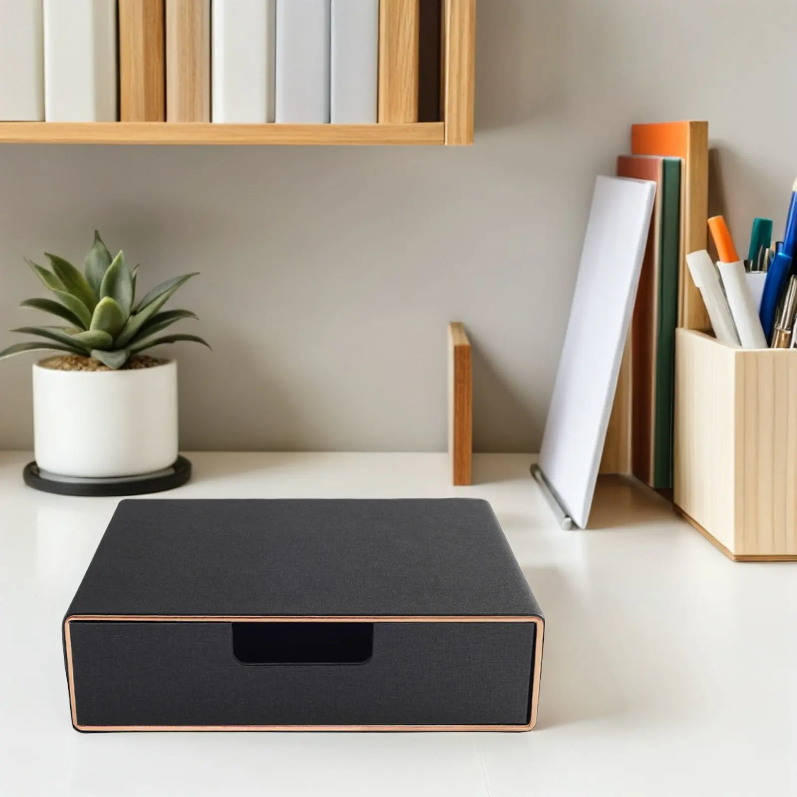 PU Desk Organizer Black Stackable Desktop Drawer Document Holder Paper Receipt File Storage Office Organizer