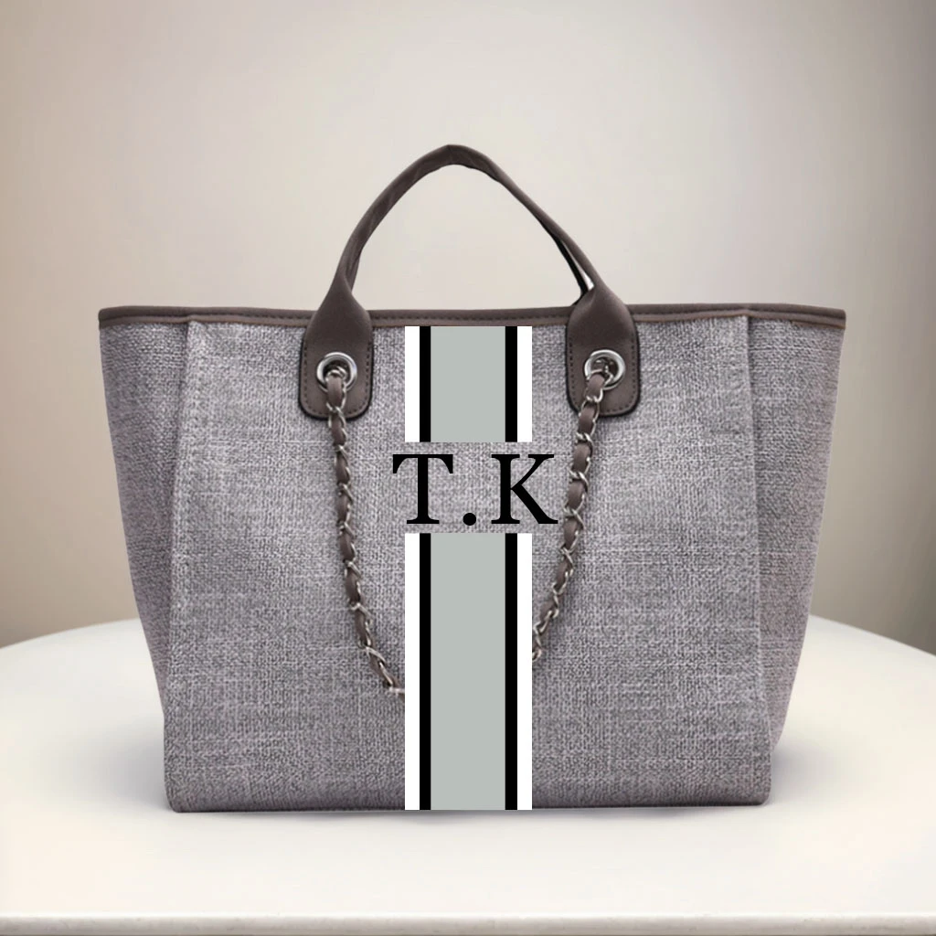 

Personalized Monogram Tote Bag Customised Chain Handbag White Stripe Initials Beach Holiday Canvas Tote Women's Bag