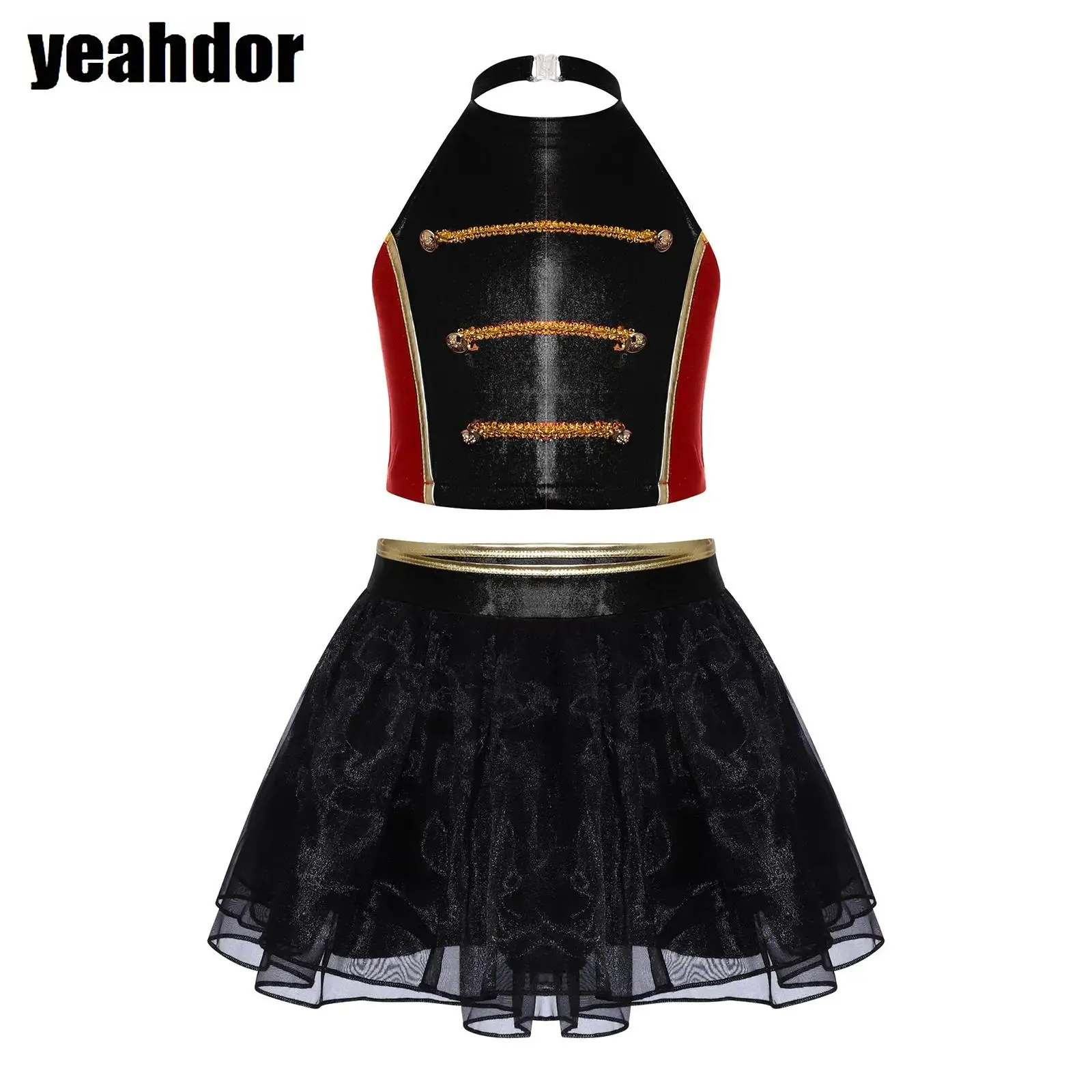 

Girls Circus Costume Halloween Ringmaster Outfit Halter Gold Trim Crop Top with Mesh Puffy Skirt Set Christmas Magician Dress Up