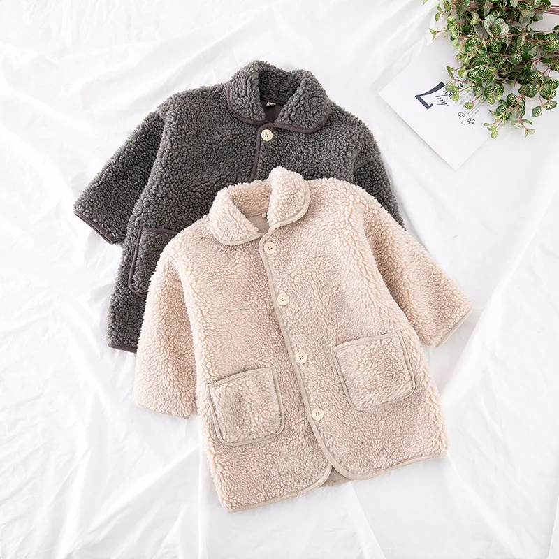 Winter New Children Lamb Cashmere Long Coat Plus Velvet Thick Boys Girls Warm Windbreaker Jacket Solid Kids Lapel Overcoat