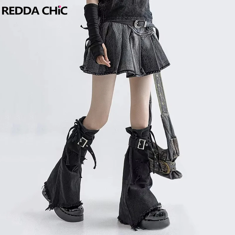 

REDDACHiC Dual-Belt Denim Skirt Leg Warmers Women Set Black Wash Pleated Mini Skirt Star Patched Boots Cover Alt Grunge Clothes