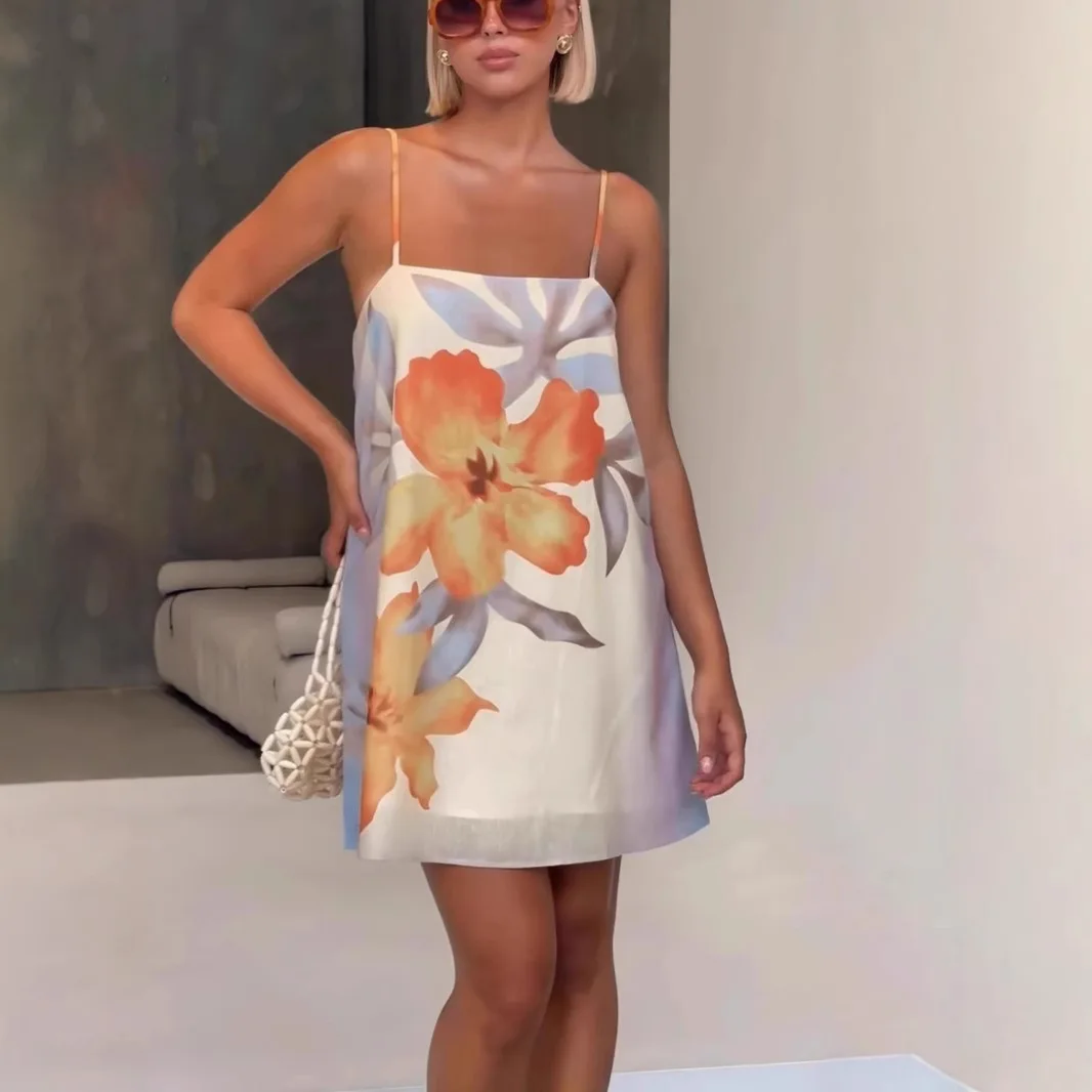 

2025 Summer New Sweet And Spicy Design Printed Slimming Strap Dress NQ3489