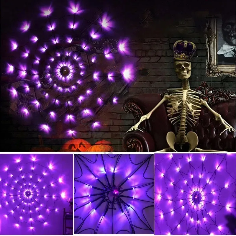 Luci di ragnatela di Halloween 70LED da 1,2 m Luci di rete di ragno nere impermeabili Lampada da festa con luce di stringa viola di Halloween