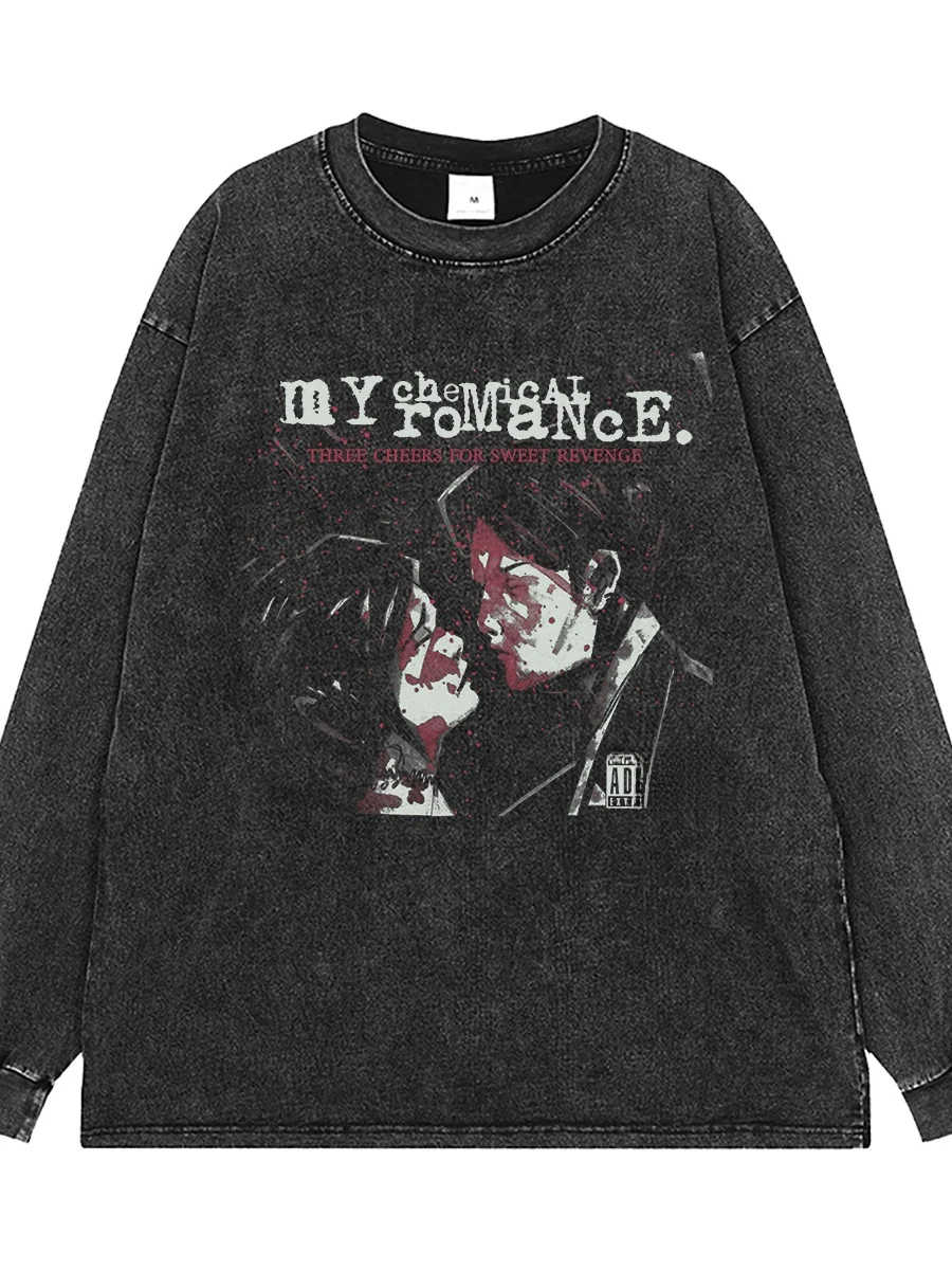 Washed Vintage Grey American Street Rock Long Sleeve T-Shirt My Chemical Romance Band Loose Fit Printed Cotton Casual Top