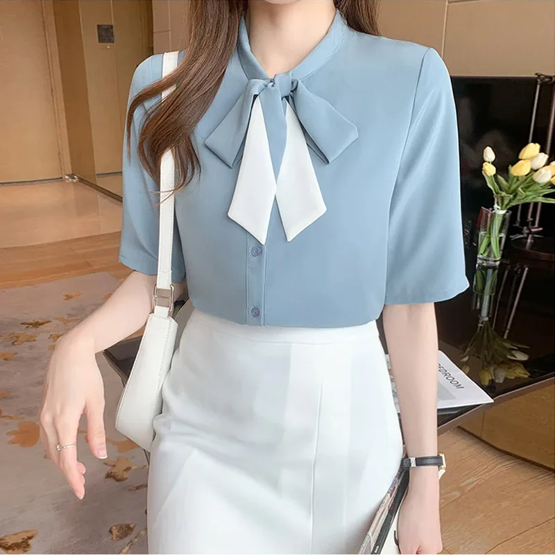 

2026 Женские блузки с коротким рукавом, модные шифоновые блузки с бантом на воротнике, топы, рубашки E931