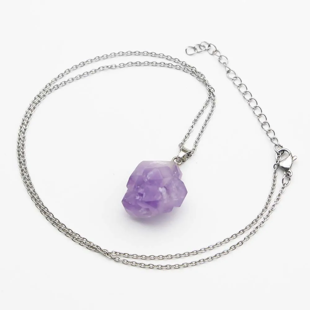 New Natural Amethyst Irregular Pendant Fashion Stainless Steel Chain Necklace DIY Personality Charm Jewelry Accessories Gift 10P
