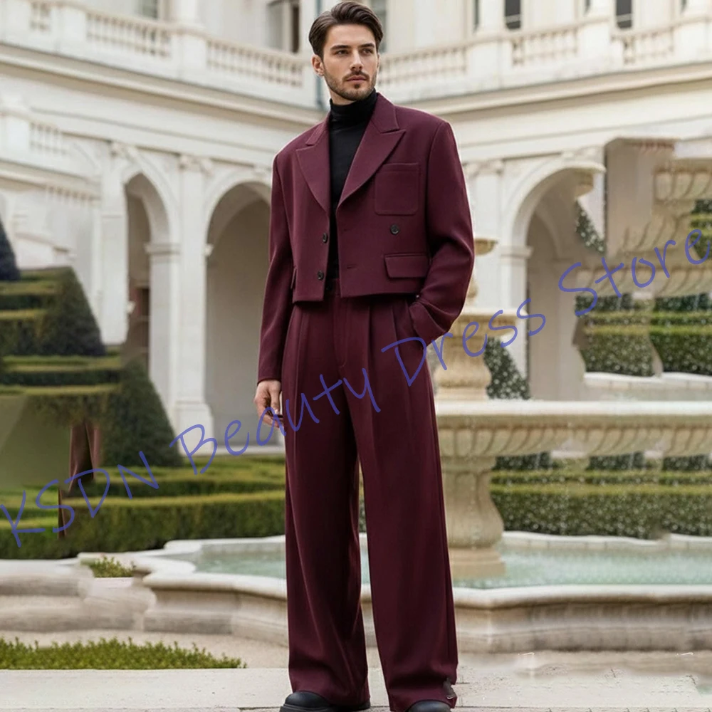

Single Breasted 2 Pieces Suits for Men Burgundy Cropped Jacket Pants Set Daily Casual Outfit Modern Evening Party Wear