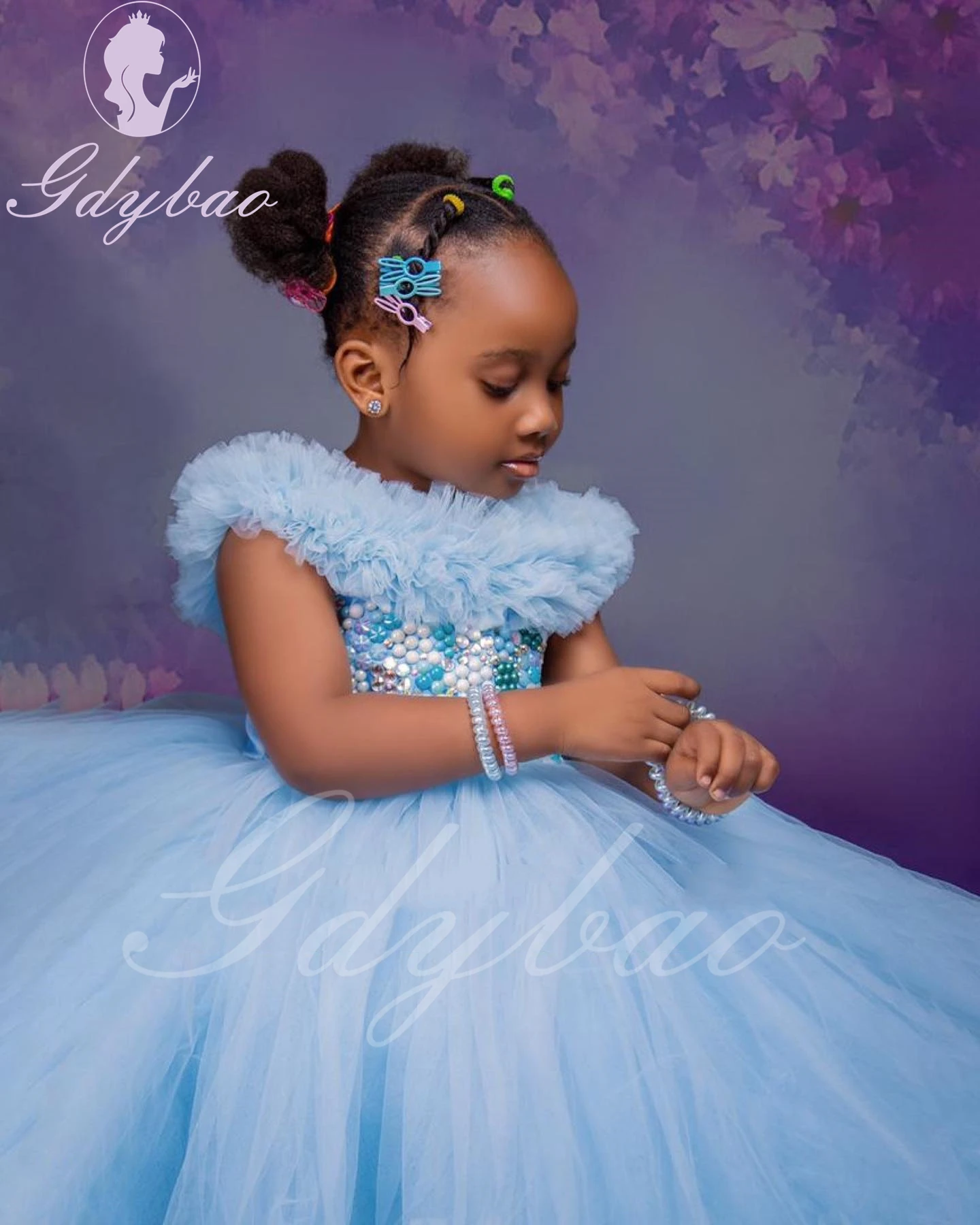 Blue Tulle Flower Girl Dress For Wedding Beaded Puffy Off Shoulder Kids Birthday Christmas First Communion Party Ball Gowns