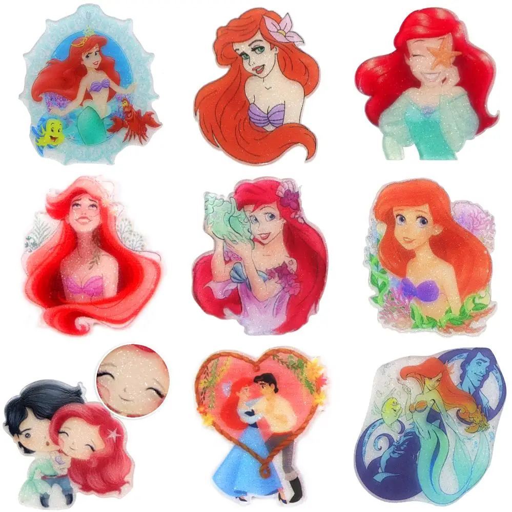 Disney Mermaid Ariel 5pcs Planar Resin Flatback Glitter Claer Acrylic Craft Supplies Cabochon Scrapbook DIY Hair Bow Material