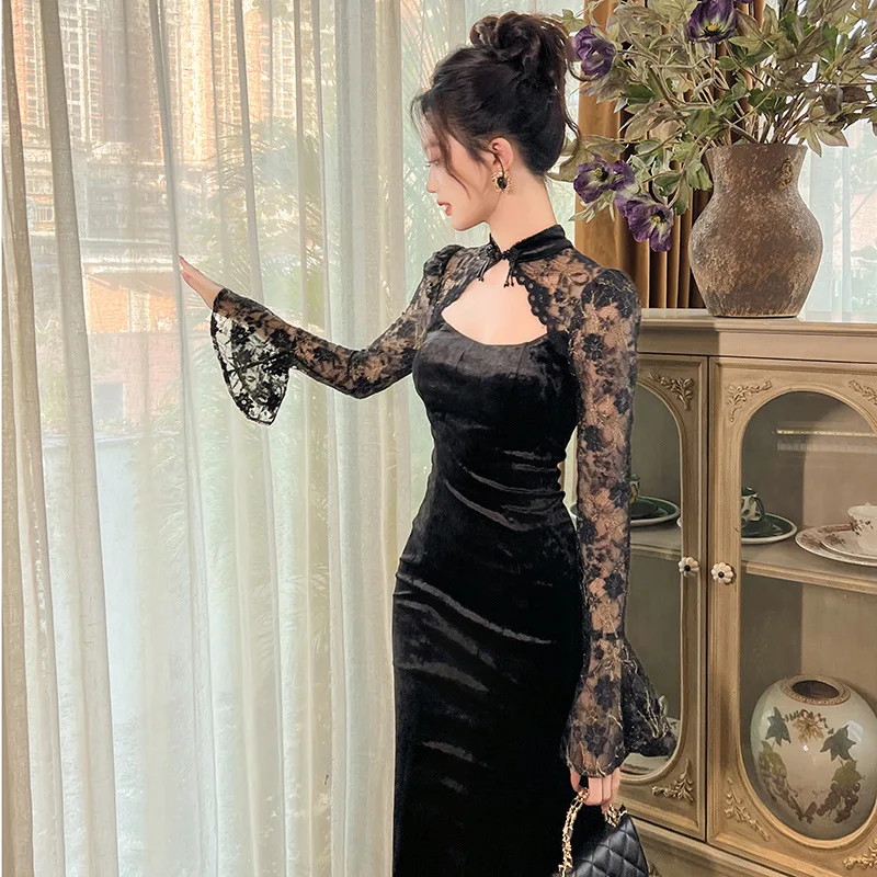 Autumn and Winter New Chinese Style Improved Cheongsam Dress Sleeve Velvet