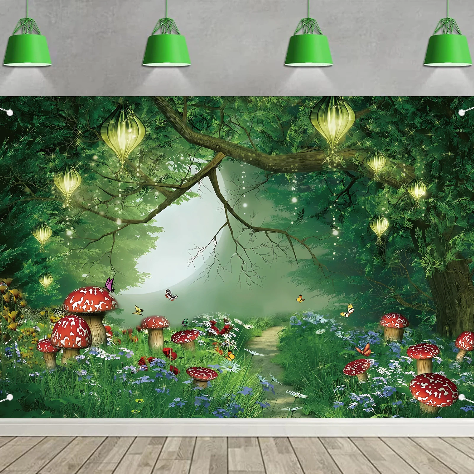Märchenwald-Hintergrund, verzauberter Pilzwald, Party-Dekoration, märchenhafter Wald, Geburtstagsparty-Banner, märchenhafte Party-Dekoration