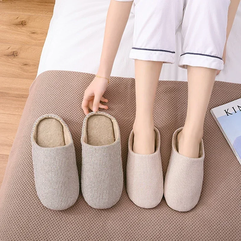 Striped Winter Slipper Women Fur Warm Non Slip Grip Indoor Fluffy Fuzzy Lazy Soft Female Home Floor House Living room Shoe Flat