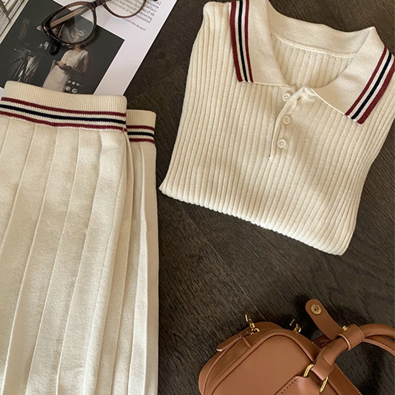 Conjunto Faion de verano para mujer, Top con cuello de punto Miu Sle, Falda plisada, traje de dos piezas, traje informal ort Sve