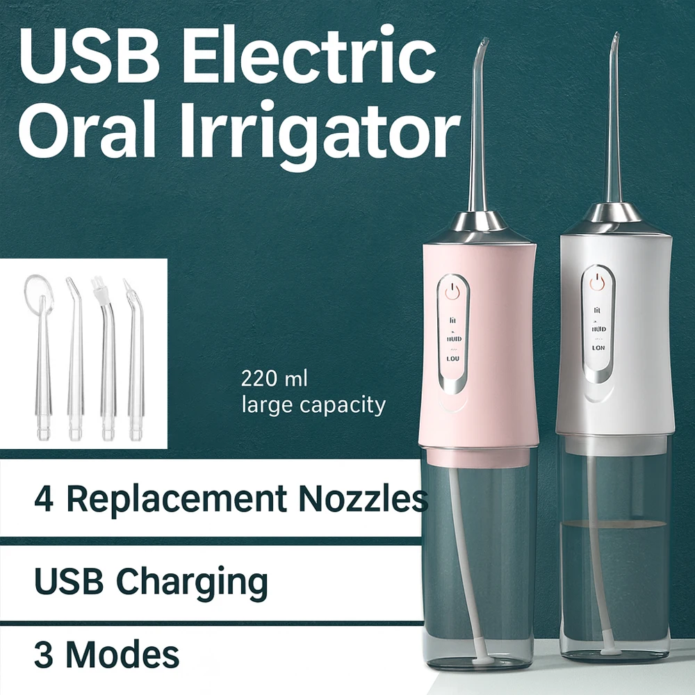

Портативный электрический ирригатор для воды с 4 насадками/3 режима/220 мл резервуар/IPX7 водонепроницаемый/USB перезаряжаемый ирригатор для полости рта