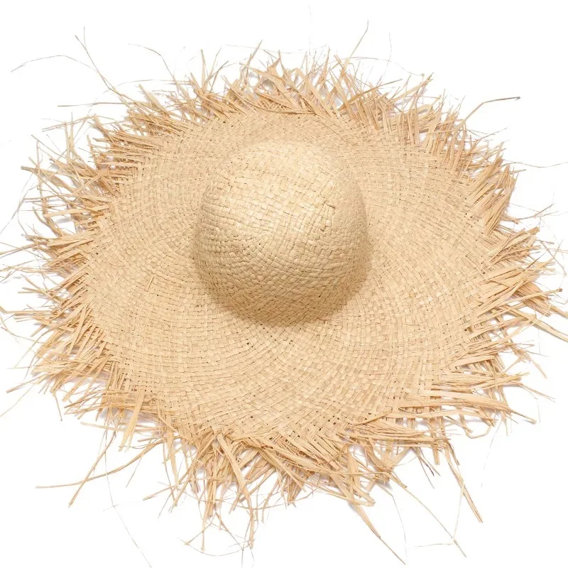 New Band Handmade Women Straw Sun Hats Large Wide Brim Gilrs High Quality Natural Raffia Panama Beach Straw Sun Caps For Holiday