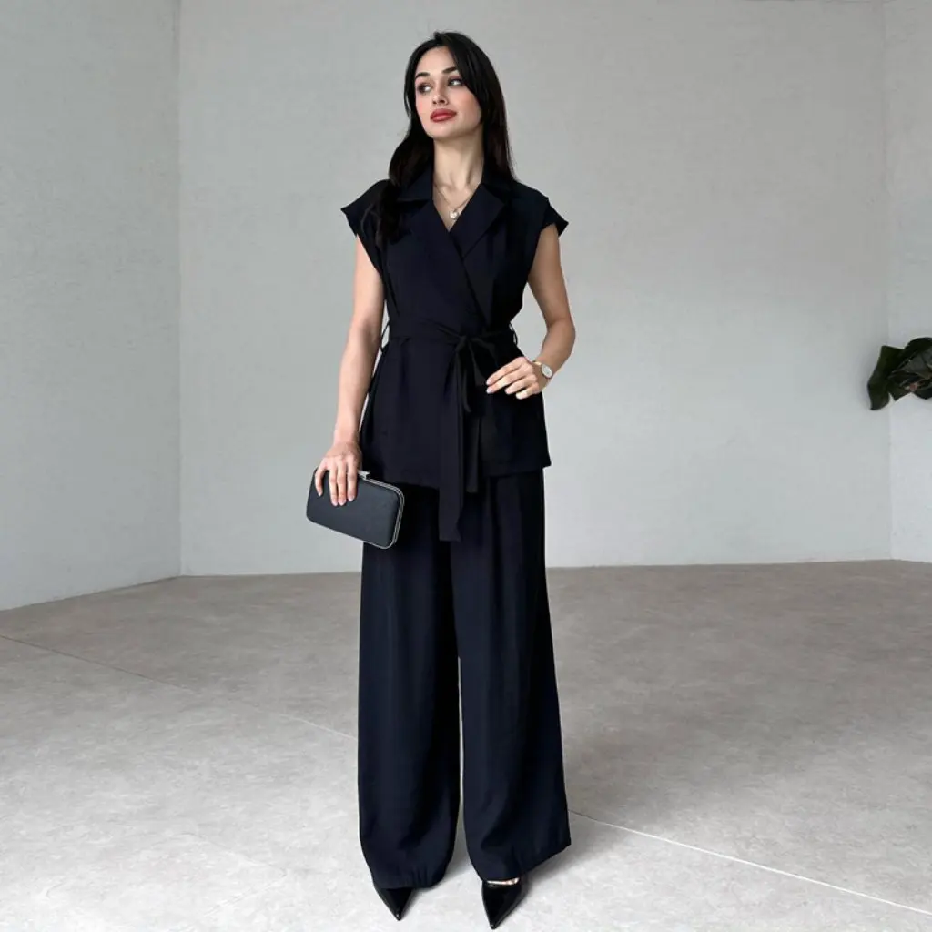 

Женский однотонный кружевной жилет и брюки, комплект из двух предметов, костюм без рукавов с воротником, весна-лето, мода