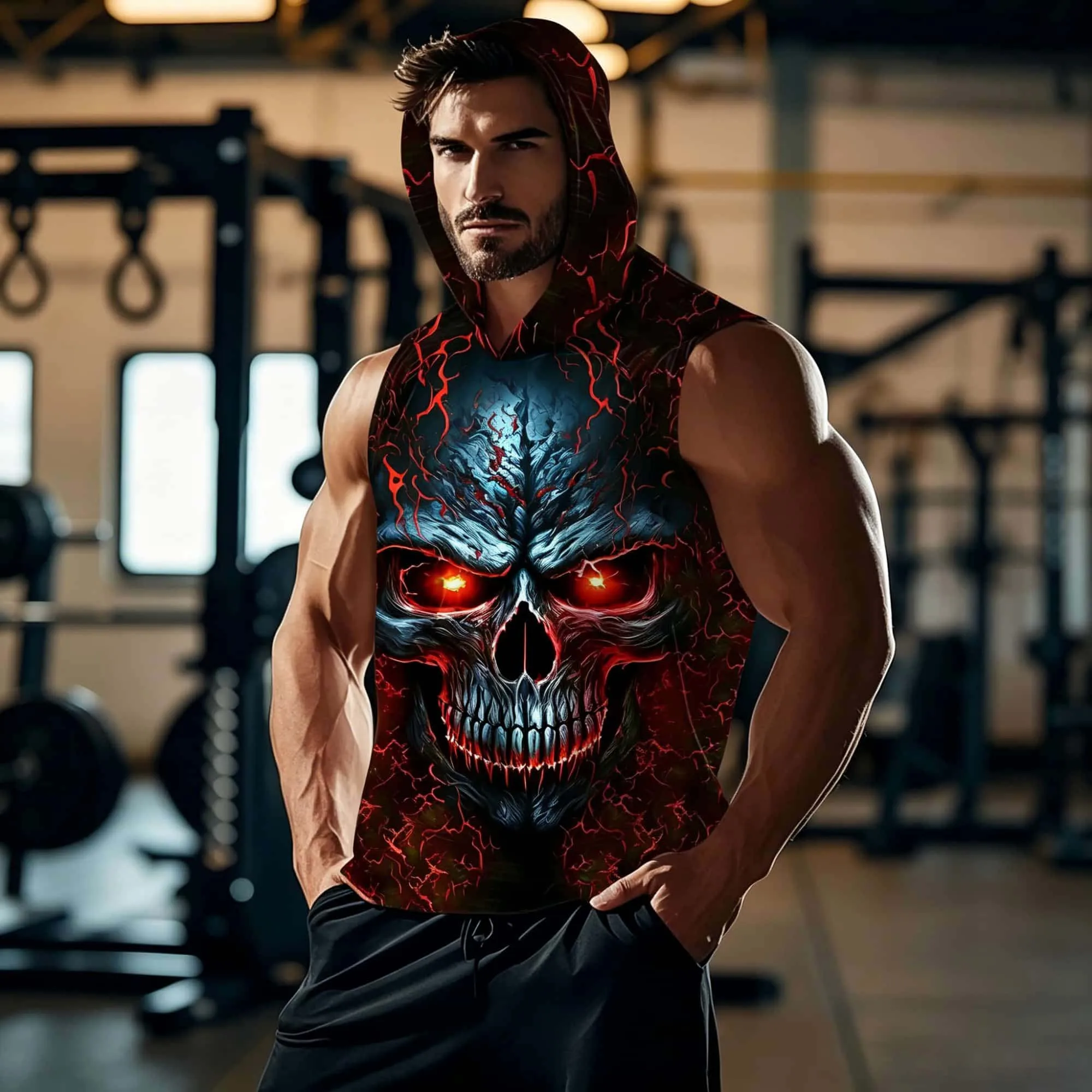 Dark Hip Hop Sleeveless Hooded Tank Top 3D Glow Skull Graphic For Men Soft Breathable Punk Retro Casual Sleeveless Shirt