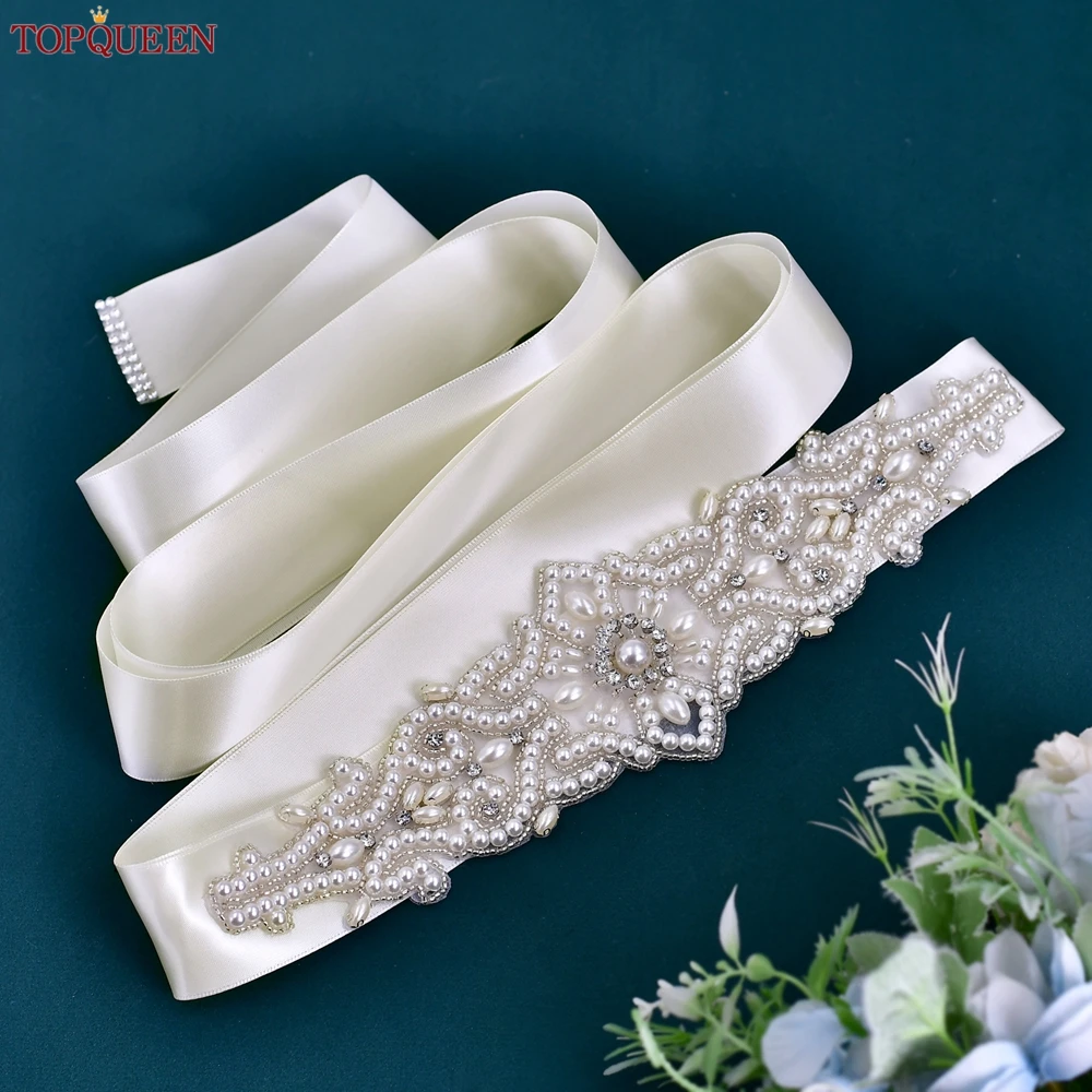 TOPQUEEN Wedding Dress Belt Luxury Full Pearl Bridal Belt Women Moroccan Decoration Satin Ribbon Belt Handmade Beaded S26A