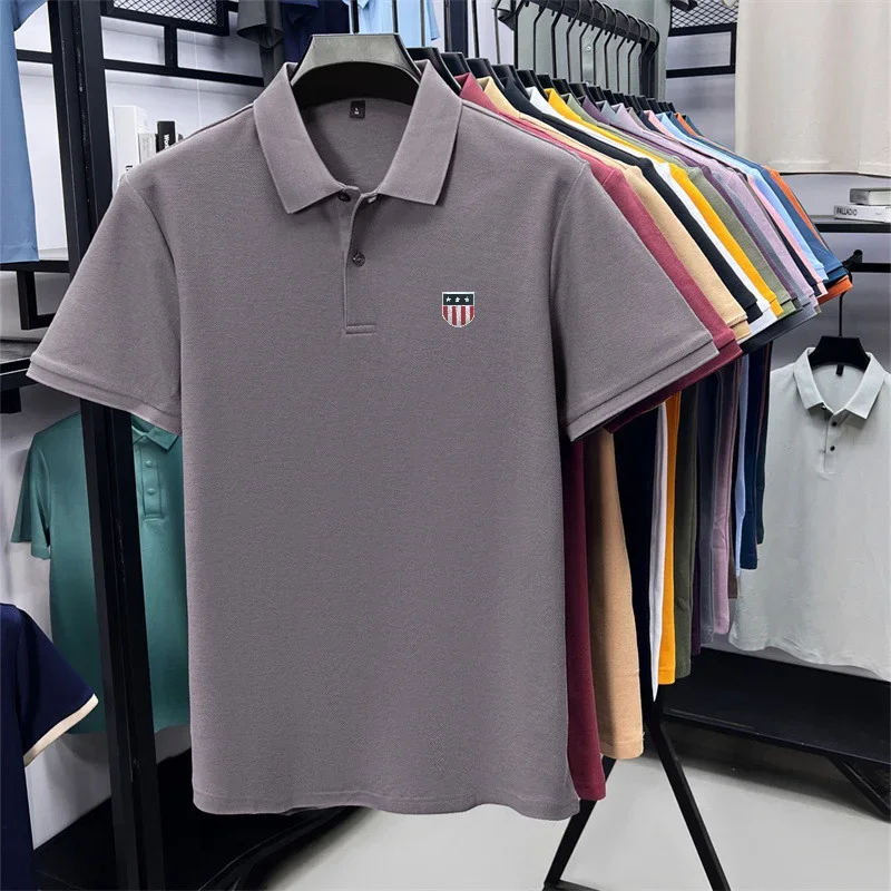 Men's Summer Luxury 100% Cotton Polo Shirt, Lapel Print Short Sleeve T-shirt, Breathable Business Casual Menswear