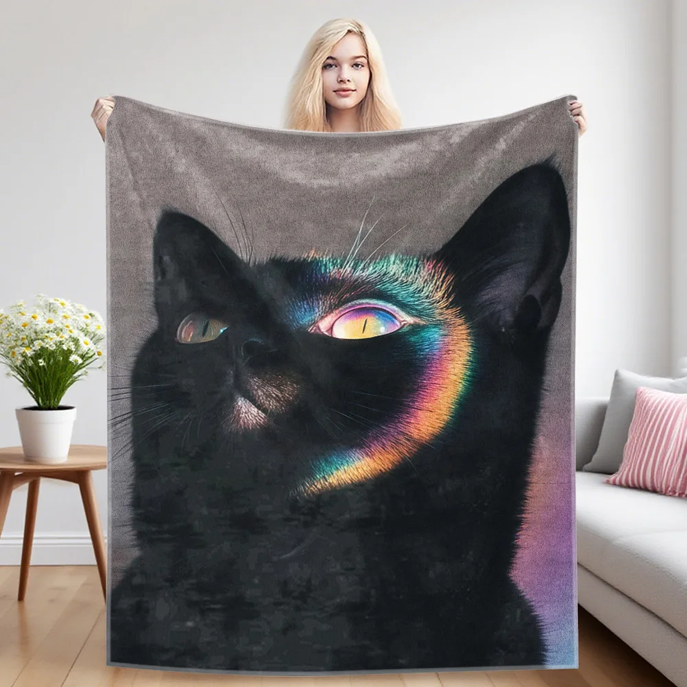 Rainbow Cat Flannel Blanket Warm Soft Halloween Christmas Couch Warm Cozy Decorative Decor Gift for All Season