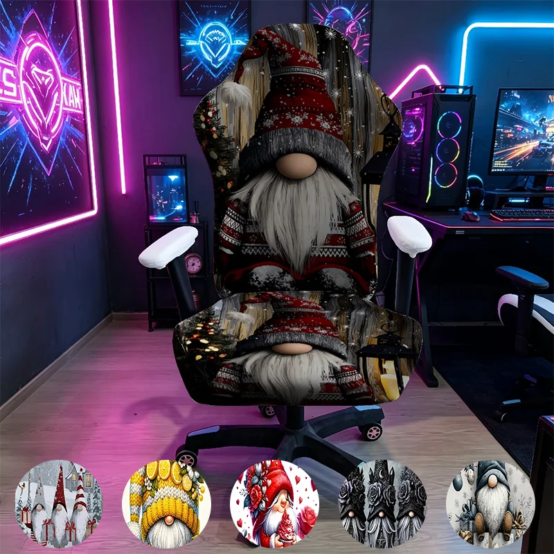 Electronic sports chair cover, retro wood grain Christmas elf print elastic chair cover, winter Christmas country style